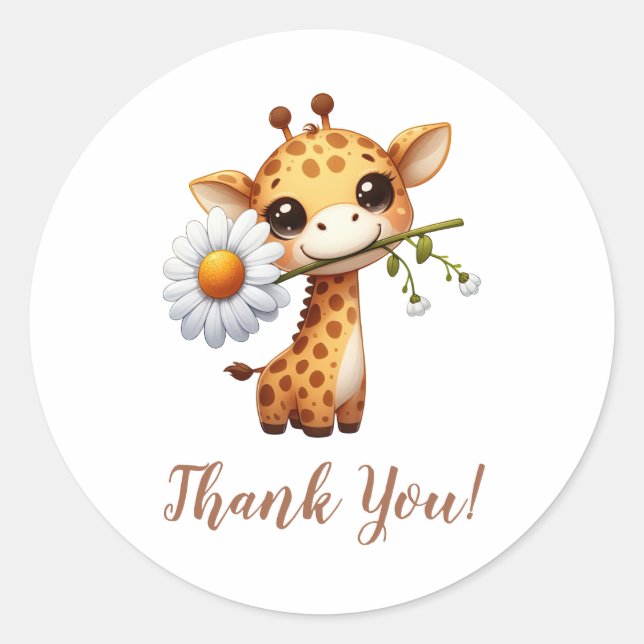 Pegatina Redonda Giraffe con un solo girasol gracias (Anverso)