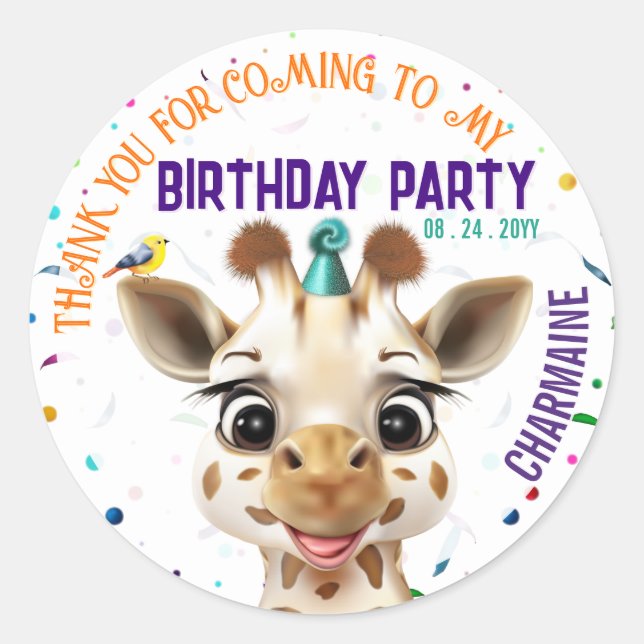 Pegatina Redonda Giraffe Confetti Kids Birthday (Anverso)