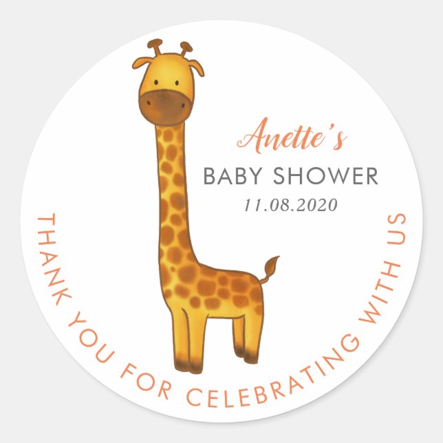 Pegatina Redonda Giraffe Cute Minimalista Baby Shower Gracias (Anverso)