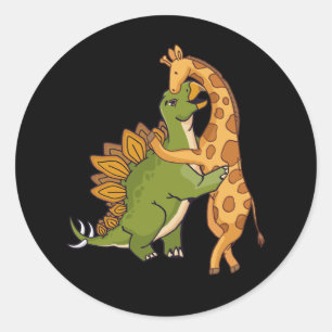 Pegatina Redonda Giraffe Dinosaurio abrazo amor Dino Animales Safar