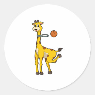 Pegatina Redonda Giraffe en baloncesto con aro de baloncesto