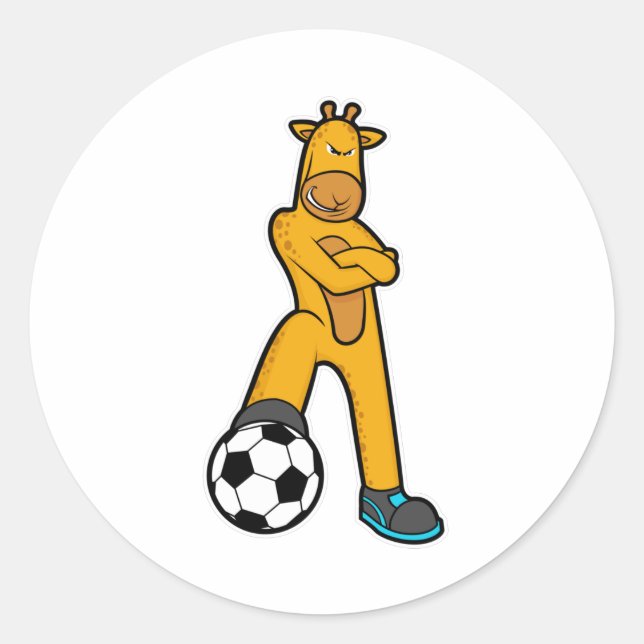 Pegatina Redonda Giraffe en deportes con balón de fútbol (Anverso)