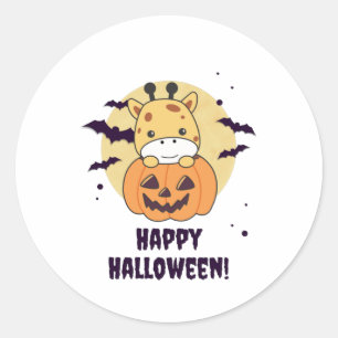 Pegatina Redonda Giraffe en jirafas tristes de calabaza Feliz Hallo