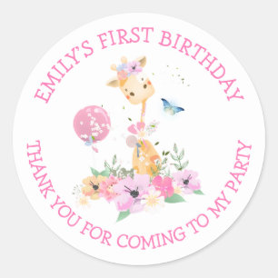 Pegatina Redonda Giraffe Flores Nombre Gracias Chicas Primer Cumple