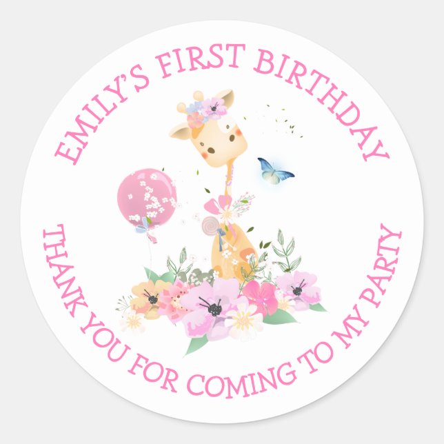Pegatina Redonda Giraffe Flores Nombre Gracias Chicas Primer Cumple (Anverso)