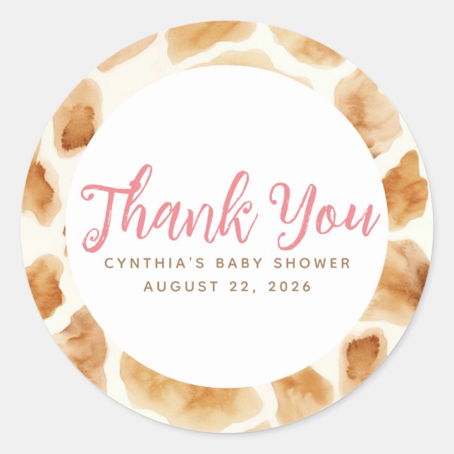 Pegatina Redonda Giraffe Fur Print Cute Pink Brown Gracias (Anverso)