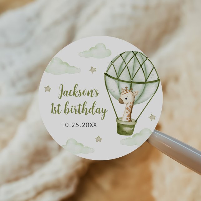 Pegatina Redonda Giraffe Hot Air Balloon Green Boy 1er cumpleaños (Subido por el creador)