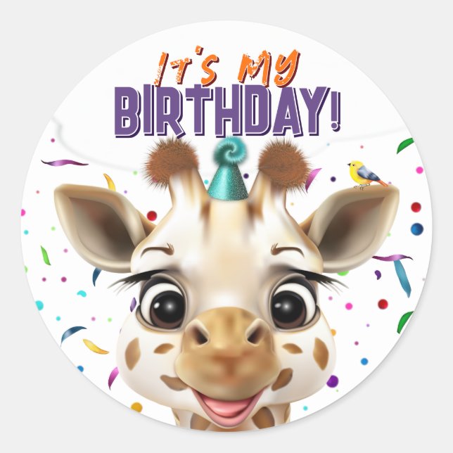 Pegatina Redonda Giraffe It's My Birthday (Anverso)