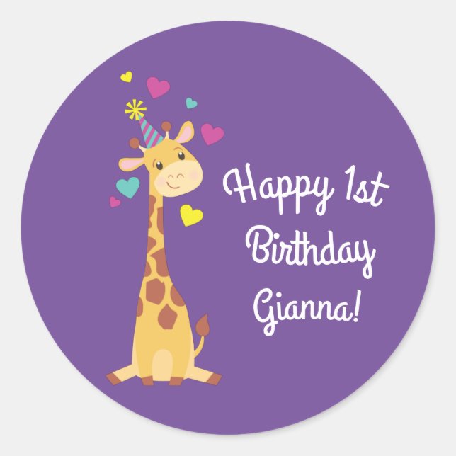 Pegatina Redonda Giraffe Kids Birthday Fiesta Cute (Anverso)