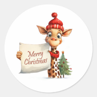 Pegatina Redonda Giraffe Merry Christmas
