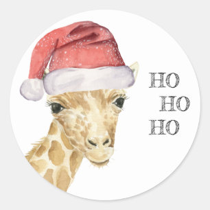 Pegatina Redonda Giraffe Navidades Gorra HO HO HO
