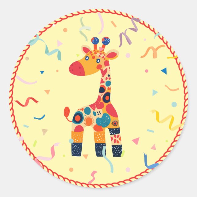 Pegatina Redonda Giraffe Personalizado colorida con Confetti (Anverso)