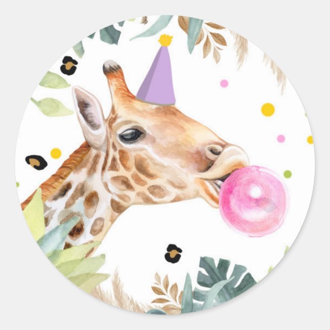 Pegatina Redonda Giraffe Safari Fiesta Animal Cumpleaños Favor Deco (Anverso)