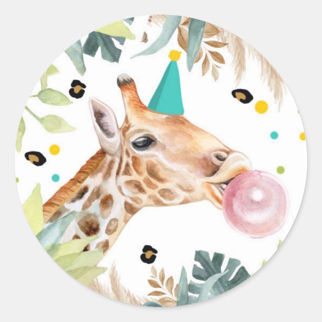 Pegatina Redonda Giraffe Safari Fiesta Animal Cumpleaños Favor Deco (Anverso)