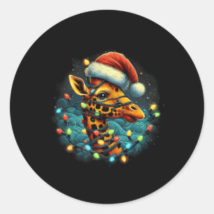 Pegatina Redonda Giraffe Santa Xmas Iluminación Starry Night Giraff