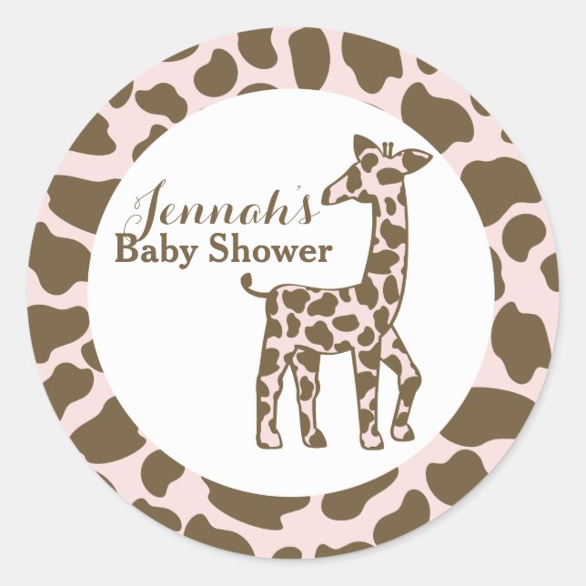 Pegatina Redonda Giraffe Spots Pink Baby Shower (Anverso)