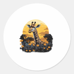 Pegatina Redonda Giraffe Sunset Floral Animal Art Savanna Naturalez