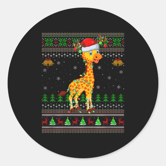 Pegatina Redonda Giraffe Ugly Christmas Sweaters Holiday Santa Cute (Anverso)