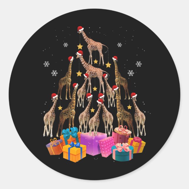 Pegatina Redonda Giraffe Usando Santa Hat Cajas de Árbol de Navidad (Anverso)