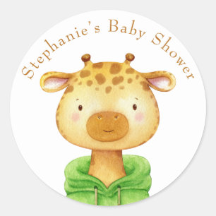 Pegatina Redonda Giraffe Watercolor Animal Baby Shower Su Nombre