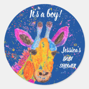 Pegatina Redonda Giraffe Watercolor Safari Jungla Azul Baby Shower