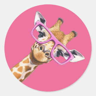 Pegatina Redonda Giraffe with Pink Glasses Cute Animal Sticker