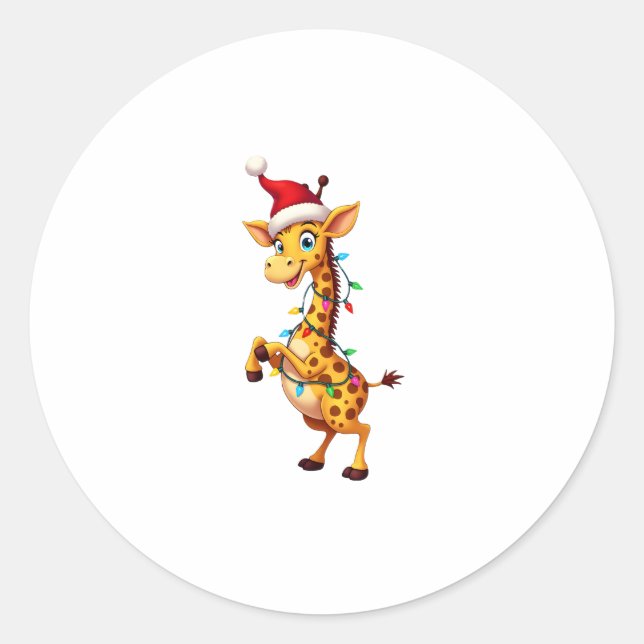 Pegatina Redonda Giraffe Xmas Lighting Funny Santa Giraffe Christma (Anverso)