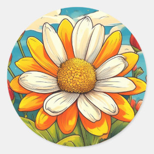 Pegatina Redonda  girasol amarillo y blanco