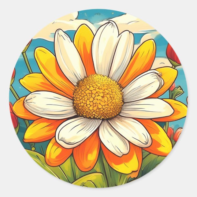 Pegatina Redonda  girasol amarillo y blanco (Anverso)