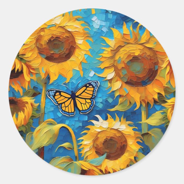 Pegatina Redonda Girasol Con Mariposa (Anverso)