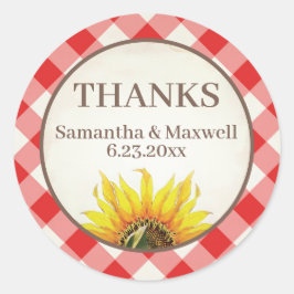 Pegatina Redonda Girasol de cuadros rojos Gracias