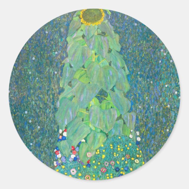 Pegatina Redonda Girasol de Klimt, flores antiguas Art Nouveau (Anverso)
