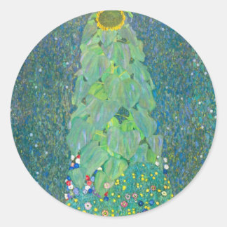 Pegatina Redonda Girasol de Klimt, Flores Vintage Art Nouveau