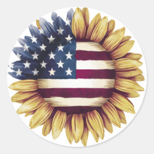 Pegatina Redonda Girasol Patriótico Bandera Americana Rústica