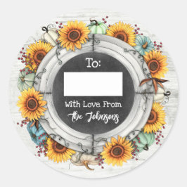 Pegatina Redonda Girasol Rústico De Acción De Gracias A/De Escritur