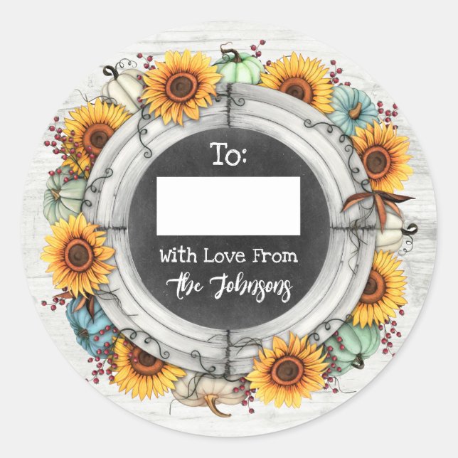 Pegatina Redonda Girasol Rústico De Acción De Gracias A/De Escritur (Anverso)