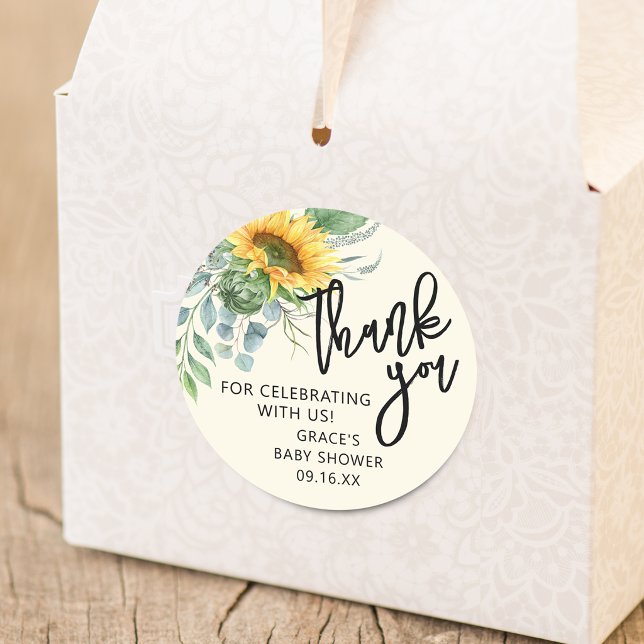Pegatina Redonda Girasol Rústico de Eucalipto Verde Gracias (Rustic Sunflower Eucalyptus Greenery Thank You Classic Round Sticker)