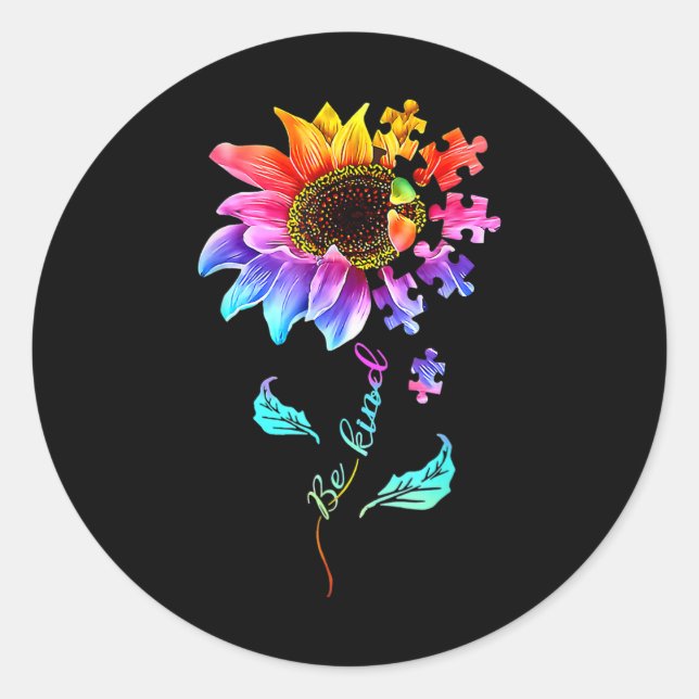 Pegatina Redonda Girasol Sea Kind Puzzle Piece Autism Awareness Mo (Anverso)