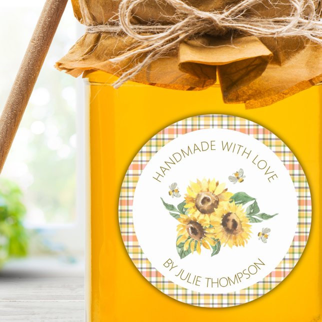Pegatina Redonda Girasol y abejas 🐝 miel hecha a mano (Sunflower & Bees 🐝 Plaid Handmade Honey Classic Round Sticker)