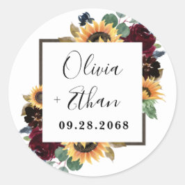 Pegatina Redonda Girasol y Rosas Boda Azul de la Marina Roja Borgoñ