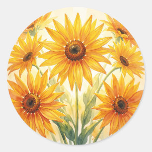 Pegatina Redonda Girasoles al Acuarela Vibrantes Amarillo Naranja F
