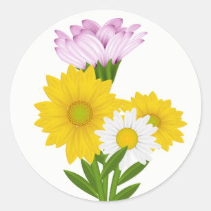 Pegatina Redonda Girasoles Amarillos Florales & Flores de Margarita