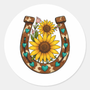 Pegatina Redonda Girasoles de herradura rústica Floral campestre 