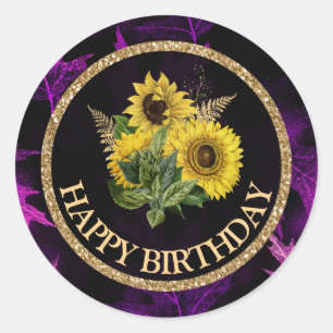 Pegatina Redonda Girasoles de otoño Happy Birthday
