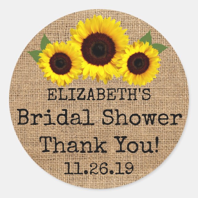 Pegatina Redonda Girasoles en Burlap Cae Bridal Shower Favor (Anverso)