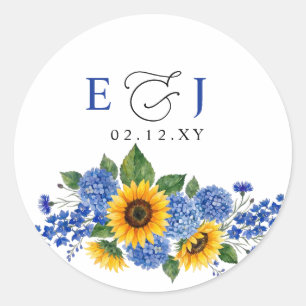 Pegatina Redonda Girasoles Florales Azul Real Bodas Modernas