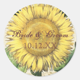Pegatina Redonda Girasoles florales del vintage - boda de la caída