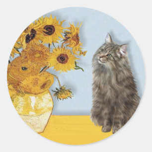 Pegatina Redonda Girasoles - gato Forestal Noruego
