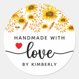 Pegatina Redonda girasoles hechos a mano con amor