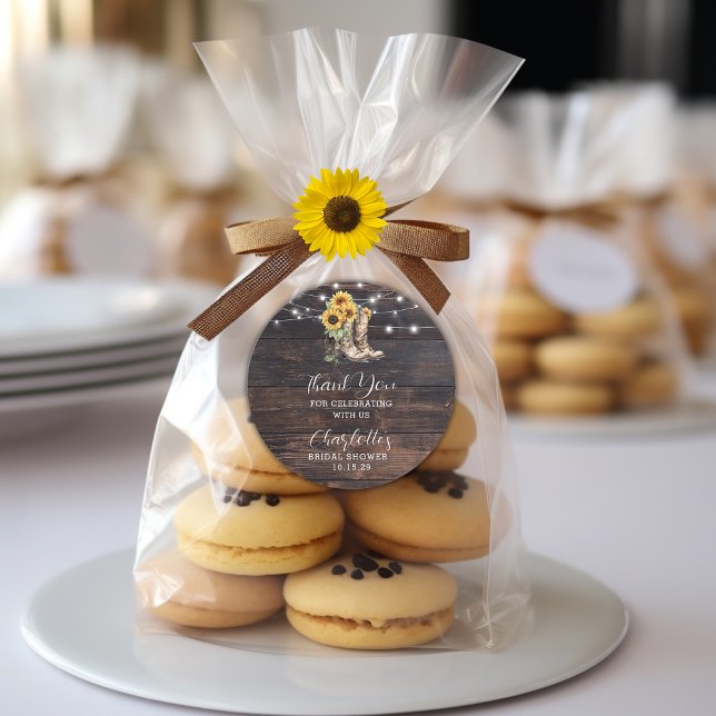 Pegatina Redonda Girasoles Rústicos de Madera Agradecimiento de Des (Boots and Bubbly Bridal Shower Round Thank you sticker
)